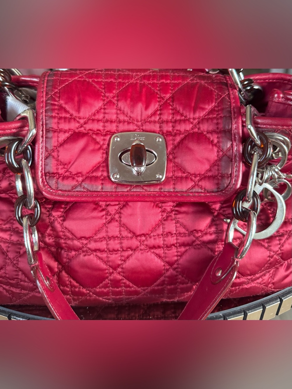 Authentic - Dior Cannage Quilted Satin Shoulder Bag in Burgundy - Picture 4 of 15